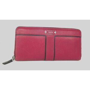 Tumi Large Red Leather Zip Around Clutch Wallet